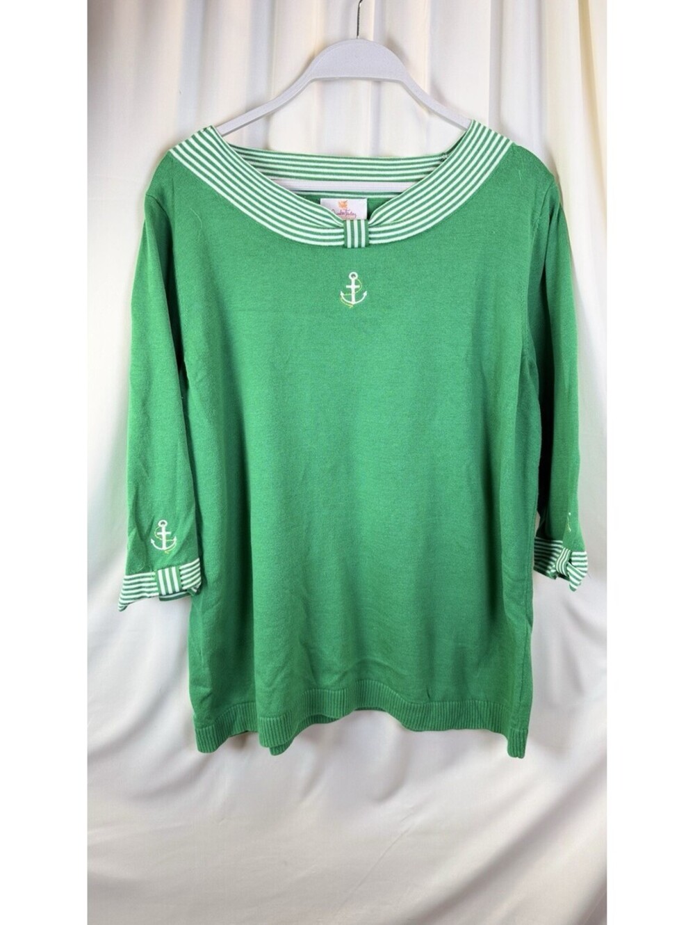 Quacker Factory Green & White Nautical Lightweight Sweater Shirt Top 1X Plus